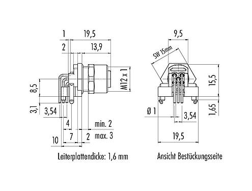 Maßzeichnung M12 Flanschdose, gewinkelt, Polzahl: 5, ungeschirmt, THR, IP68, UL 2238, Frontmontage, für die Leiterplattenmontage