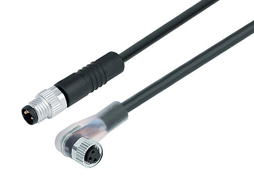 Illustration 77 3608 3405 50003-0200 - M8 Câble de raccordement connecteur mâle - connecteur femelle coudé  avec LED, Contacts: 3, non blindé, surmoulé sur le câble, IP67, UL, PUR, noir, 3 x 0,34 mm², avec LED, PNP à fermeture, 2 m