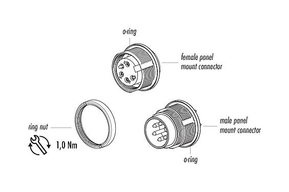 Component part drawing 09 0104 99 02 - M16 Female panel mount connector, Contacts: 2 (02-a), unshielded, THT, IP67, UL, front fastened