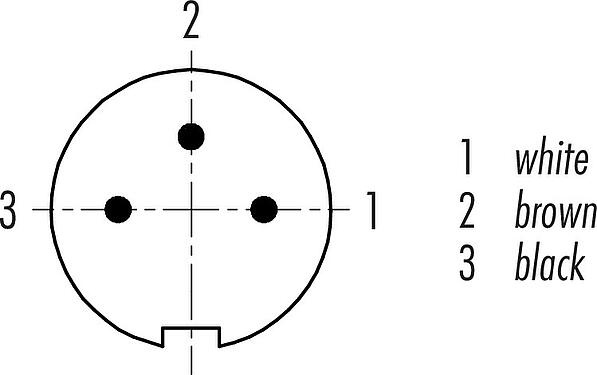 Disposition des contacts (Côté plug-in) M9 Connecteur mâle coudé, Contacts: 3, blindé, surmoulé sur le câble, IP67, PUR, noir, 5 x 0,25 mm², 2 m