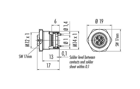 Dessin coté 99 4442 402 05 - M12 Embase femelle, Contacts: 5, blindable, SMT, IP67, M14x1,0, Montage frontal