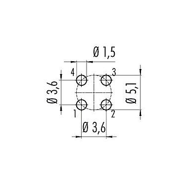 Disposizione dei conduttori 09 0631 90 04 - M12 Connettore maschio a flangia, Numero poli: 4, non schermato, THT, IP68, UL, VDE, M16x1,5, montaggio anteriore