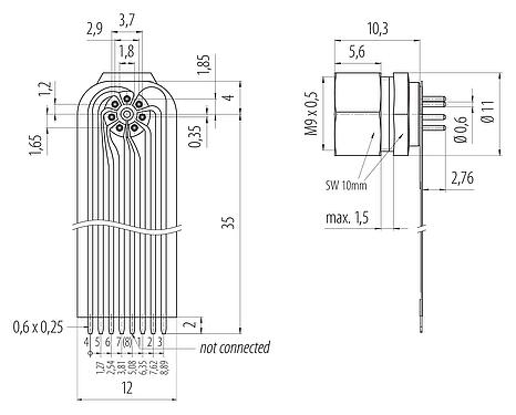 Connection & dimensions 09 0478 65 07 - M9 Female panel mount connector, Contacts: 7, unshielded, THT
