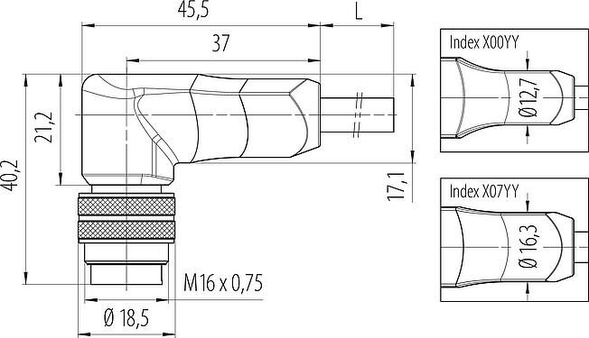縮尺図 M16 オスアングルコネクタ, 極数: 12, シールド, モールドケーブル付き, IP67, PUR, 黒, 12x0.25mm², 2m