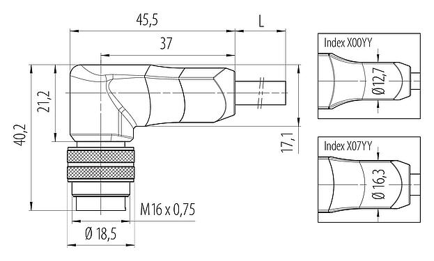 Maßzeichnung M16 Winkelstecker, Polzahl: 12, geschirmt, am Kabel angespritzt, IP67, PUR, schwarz, 12 x 0,25 mm², 2 m