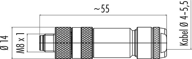 Maßzeichnung M8 Kabelstecker, Polzahl: 3, 4,0-5,5 mm, schirmbar, schraubklemm, IP67, UL 2238, Irisfeder