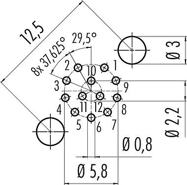 Conductor layout M12 Male panel mount connector, Contacts: 12, unshielded, THT, IP68, UL 2238, M16x1.5, Front mounting, potted