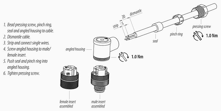 Összeszerelési utasítás 99 2529 24 03 - M12 derékszögű csatlakozó, : 2+PE, 4,0-6,0 mm, árnyékolatlan, csavaros bilincs, IP67