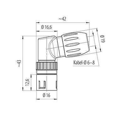 Maßzeichnung Snap-In Winkelstecker, Polzahl: 12, 6,0-8,0 mm, ungeschirmt, löten, IP67