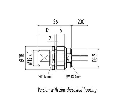 Scale drawing M12 Male panel mount connector, Contacts: 12, unshielded, single wires, IP68, UL 2238, PG 9, Front mounting, Positionable coding alignment