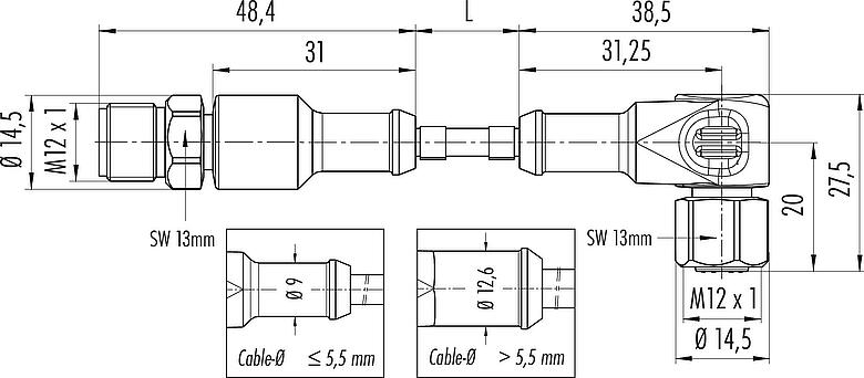 Mittakaavapiirustus M12 Liitäntäkaapelin kulmarasia, Napojen määrä: 4, suojaamaton, suihkutettu kaapelille, IP67/IP69K, UL 2238, Ecolab, PVC, harmaa, 4 x 0,34 mm², Elintarviketeollisuus, Ruostumaton teräs, 2 m
