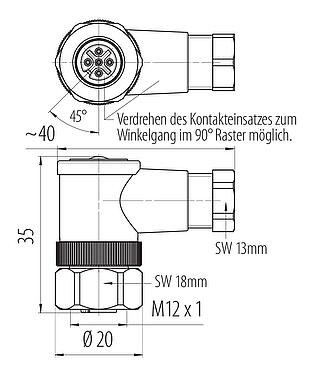 Maßzeichnung M12 Winkeldose, Polzahl: 5, 4,0-6,0 mm, ungeschirmt, schraubklemm, IP67, UL 2238