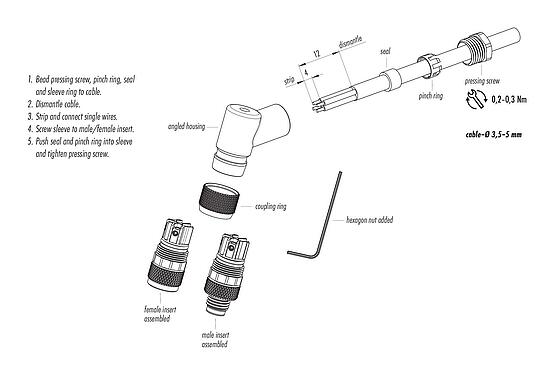 Instructions de montage M8 Connecteur mâle coudé, Contacts: 3, 3,5-5,0 mm, non blindé, pince à visser, IP67, UL 2238