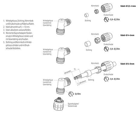 Montageanleitung Bajonett Winkelstecker, Polzahl: 8, 2,5-4,0 mm, ungeschirmt, löten, IP67