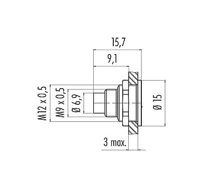 Schaaltekening M9 Male panel mount connector, aantal polen: 2, onafgeschermd, soldeer, IP67, M12x0,5, Achterwandmontage, gegoten