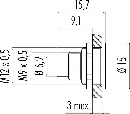 縮尺図 M9 オスパネルマウントコネクタ, 極数: 5, 非シールド, はんだ, IP67, M12x0.5, 背面パネルマウント, モールド成形