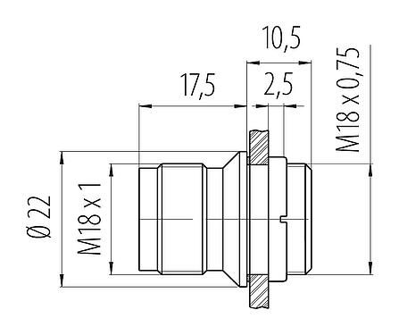 Disegno in scala M18 Connettore maschio a flangia, Numero poli: 4, non schermato, saldare, IP67, M18x0,75, Montaggio anteriore
