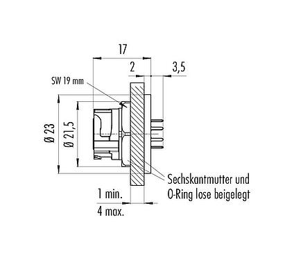 Maßzeichnung 09 0774 190 08 - Bajonett Flanschdose, Polzahl: 8, ungeschirmt, THT, IP67 auch ungesteckt, Frontmontage