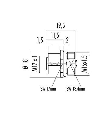 Dessin coté M12 Embase femelle, Contacts: 4, non blindé, souder, IP68, UL 2238, M16x1,5, Montage frontal