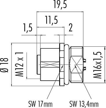 Scale drawing M12 Female panel mount connector, Contacts: 5, unshielded, solder, IP68, UL 2238, M16x1.5, Front mounting