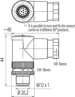Scale drawing M12 Male angled connector, Contacts: 12, 6.0-8.0 mm, unshielded, solder, IP67, UL 2238