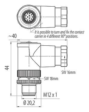 Méretarányos rajz M12 derékszögű csatlakozó, : 12, 6,0-8,0 mm, árnyékolatlan, kézi forrasztású, IP67, UL 2238