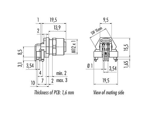 Bản vẽ tỷ lệ M12 Ổ cắm gắn bảng, bẻ góc, Số lượng cực : 4, có thể che chắn, THR, IP68, UL 2238, M12x1,0, Gắn phía trước, Để gắn PCB
