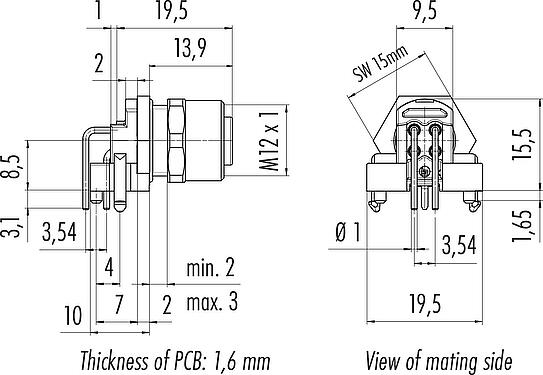 Scale drawing M12 Female angled panel mount connector, Contacts: 4, shieldable, THR, IP68, UL 2238, M12x1.0, Front mounting, for PCB assembly