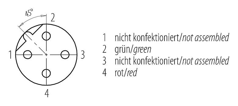Disposition des contacts (Côté plug-in) 77 4330 0000 60702-1000 - M12 Connecteur femelle, Contacts: 2, blindé, surmoulé sur le câble, IP67, UL 2238, Profibus, PUR, violet, 2 x 0.25 mm², 10 m