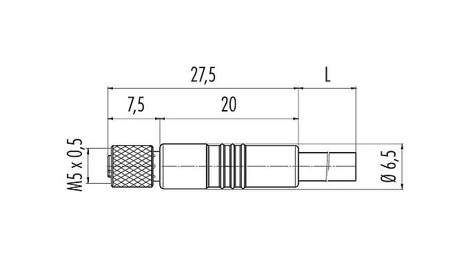 比例图 M5 直头孔头电缆连接器, 极数: 3, 非屏蔽, 预铸电缆, IP67, UL 2238, M5x0.5, PUR, 黑色, 3x0.25mm², 2m