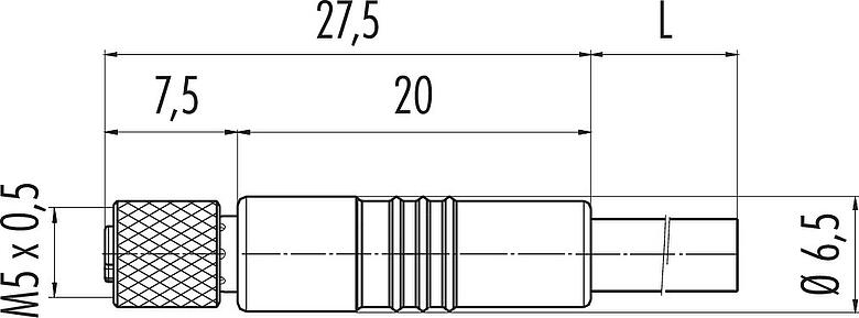 Dibujo a escala M5 Conector de cable hembra, Número de contactos: 4, sin blindaje, moldeado en el cable, IP67, UL 2238, M5x0,5, PUR, negro, 4 x 0,14 mm², 2 m