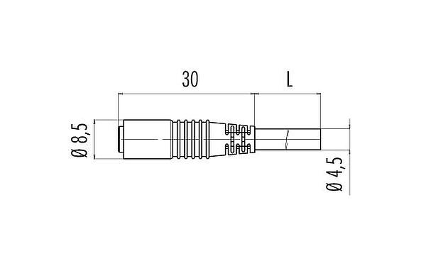 Dessin coté M8 Connecteur femelle, Contacts: 3, non blindé, surmoulé sur le câble, IP65, PUR, noir, 3 x 0,14 mm², Aligner version, 5 m