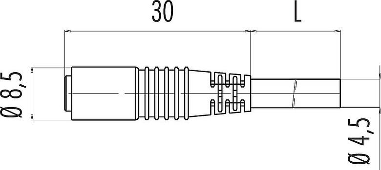 Maßzeichnung M8 Kabeldose, Polzahl: 3, ungeschirmt, am Kabel angespritzt, IP65, PVC, schwarz, 3 x 0,14 mm², Snap-in Version, 2 m