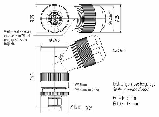 Maßzeichnung M12 Winkelstecker, Polzahl: 4+FE, 8,0-13,0 mm, ungeschirmt, schraubklemm, IP67, M12x1,0, für die Spannungsversorgung (Power), UL 2237 in Vorbereitung, mit PE Anbindung