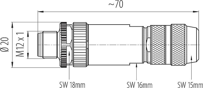 Maßzeichnung M12 Kabelstecker, Polzahl: 4, 8,0-9,0 mm, schirmbar, schraubklemm, IP67, UL 2238, Irisfeder