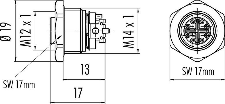 Schaaltekening M12 Female panel mount connector, aantal polen: 8, schermbaar, SMT, IP68, M14x1,0, Achterwandmontage