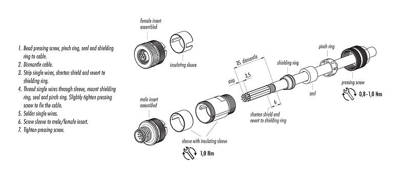 Assembly instructions M12 Male cable connector, Contacts: 12, 6.0-8.0 mm, shieldable, solder, IP67, UL 2238, with shielding ring