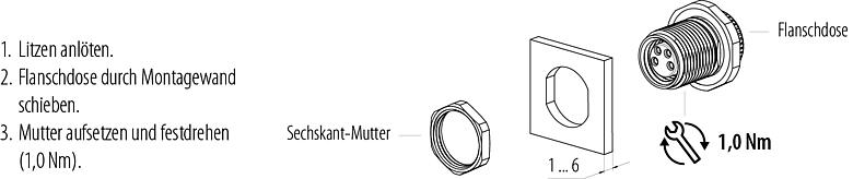 Montageanleitung M8 Flanschdose, Polzahl: 4, löten, IP67/IP69K, M10x0,75, Rückwandmontage, mit Lötkelchen