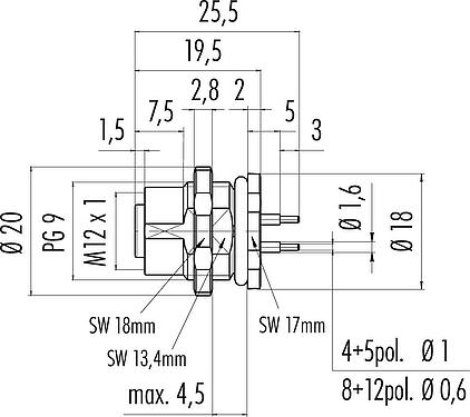 Méretarányos rajz M12 panelre szerelhető foglalat, : 4, árnyékolatlan, THT, IP67, UL 2238, PG 9, hátsó panel felszerelés