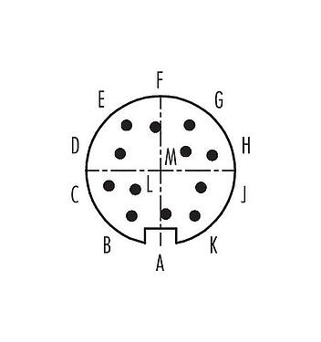 Polbild (Steckseite) 99 0129 106 12 - M16 Winkelstecker, Polzahl: 12 (12-a), 4,0-6,0 mm, ungeschirmt, löten, IP67
