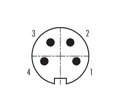 Koskettimien järjestys (plug in -puoli) 09 0309 92 04 - M16 Kaapelipistoke, Napojen määrä: 4 (04-a), 6,0-8,0 mm, suojaamaton, juotos, IP40