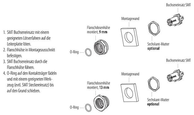 Montageanleitung M12 Flanschdose, Polzahl: 8, schirmbar, SMT, IP68, M14x1,0, Rückwandmontage