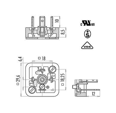 Maßzeichnung 43 1709 000 03 - Gerätestecker, Polzahl: 2+PE, ungeschirmt, löten, IP40 ohne Dichtung, UL, ESTI+, VDE