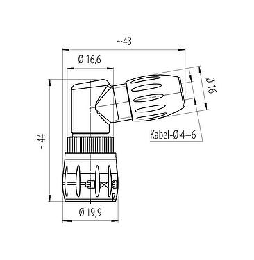 Maßzeichnung Bajonett Winkelstecker, Polzahl: 8, 4,0-6,0 mm, ungeschirmt, löten, IP67
