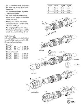 Instrução de montagem Baioneta Tomada de cabo, Contatos: 4+3+PE, 7,0-17,0 mm, desprotegido, crimpado (os contactos de crimpdevem ser encomendados separadamente), IP68/IP69K, UL 2238, VDE, UV-Beständig, Roscagem para mangueira de proteção