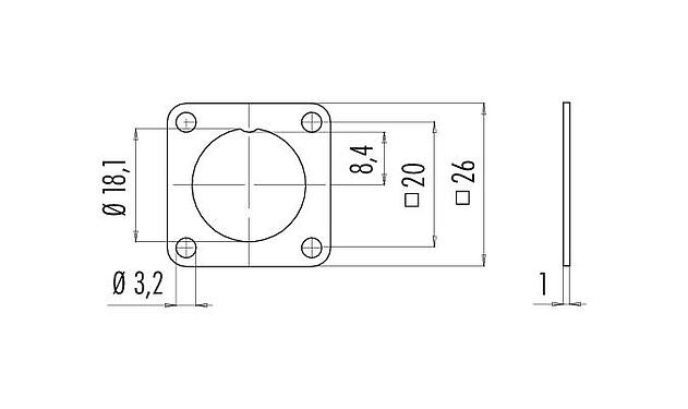 Disegno in scala 08 0045 000 001 - M16 IP67 - flangia quadrata per connettori a flangia; serie 423/425/723