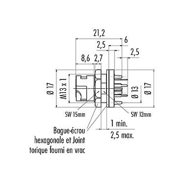 Dessin coté Baïonnette Embase femelle, Contacts: 5, non blindé, THT, IP54 débranché, M13x1,0, Montage mural arrière