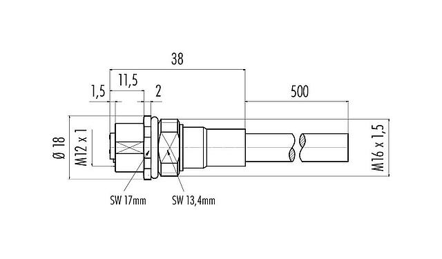 Dessin coté M12 Embase femelle, Contacts: 5, 5,3 mm, blindé, assemblés avec câble, IP68, M16x1,5, PUR, 5 x 0,25 mm², Montage frontal, 0,5 m
