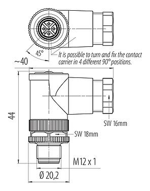 Scale drawing M12 Male angled connector, Contacts: 5, 6.0-8.0 mm, unshielded, screw clamp, IP67, UL 2238