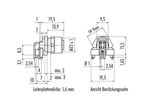 Maßzeichnung M12 Flanschdose, gewinkelt, Polzahl: 4, schirmbar, THR, IP68, UL 2238, M12x1,0, Frontmontage, für die Leiterplattenmontage